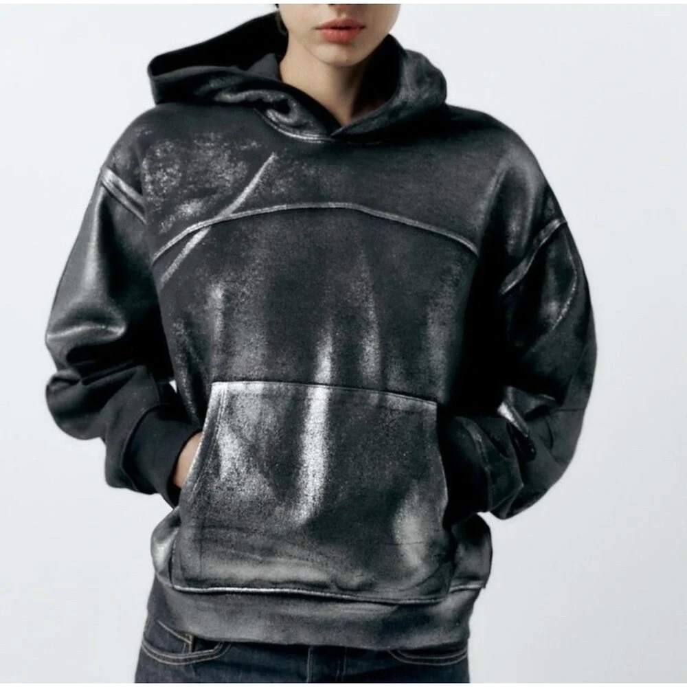 ZARA Womens Girls Metallic Silver Punk Gothic Rock Hoodie‎ Sweatshirt Size S - Picture 8 of 15